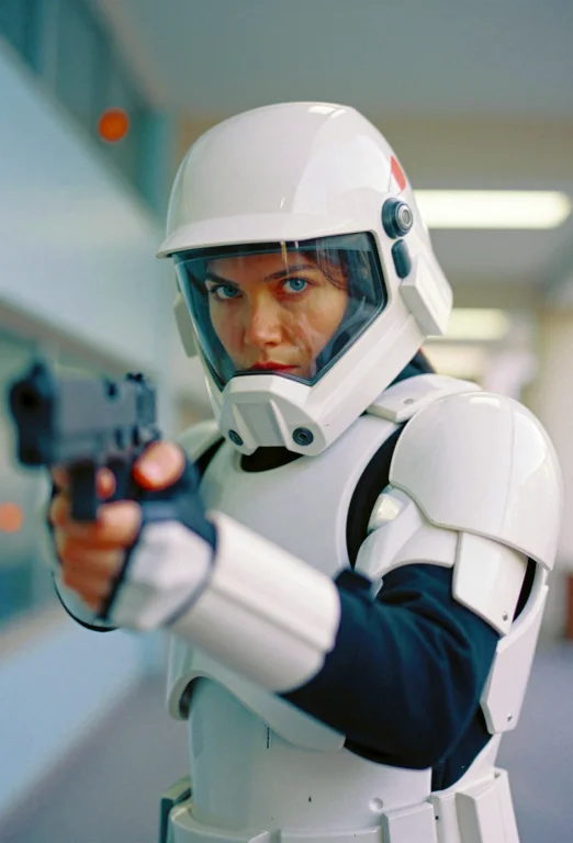 A Woman In Futuristic White Armor, Including A Helmet, Holds...