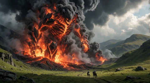 Colossal Fire Elemental Titan Emerging From A Volcanic Fissu... — Stable Diffusion AI Prompt: Colossal fire elemental titan emerging from a volcanic fissure in a lush green v...