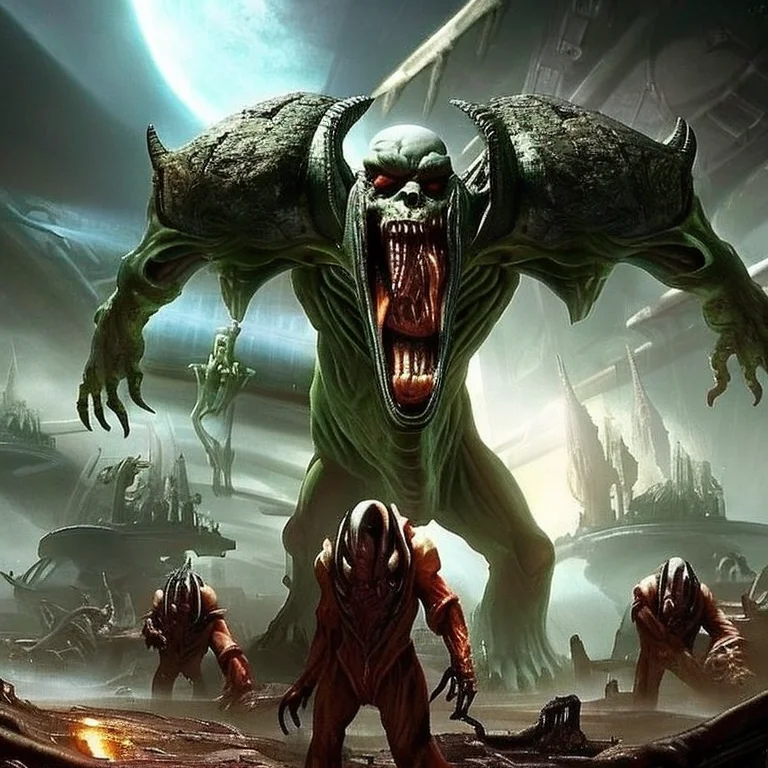 Evil Alien Monsters In A Scifi Deep Space Marine Vessel Scar...