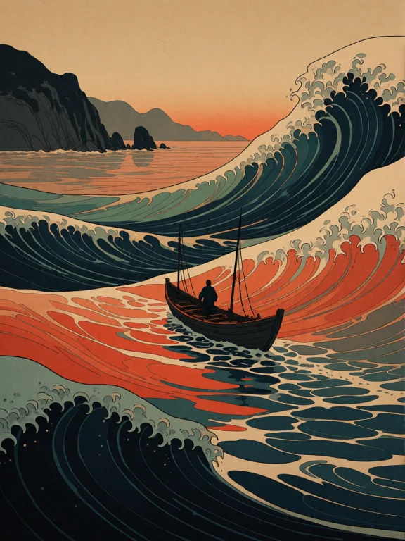A Small Fishing Boat Crossing A Vast Evening Sea Beneath Eno...
