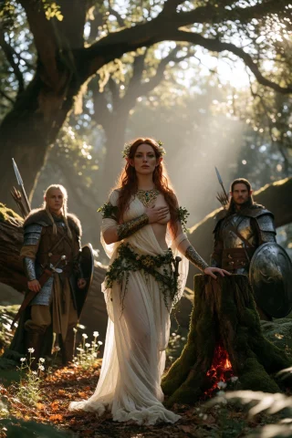Midjourney Cinematic Photo A Central Elf Woman With Long, Wa... — Stable Diffusion AI Prompt: midjourney cinematic photo A central elf woman with long, wavy auburn hair adorn...