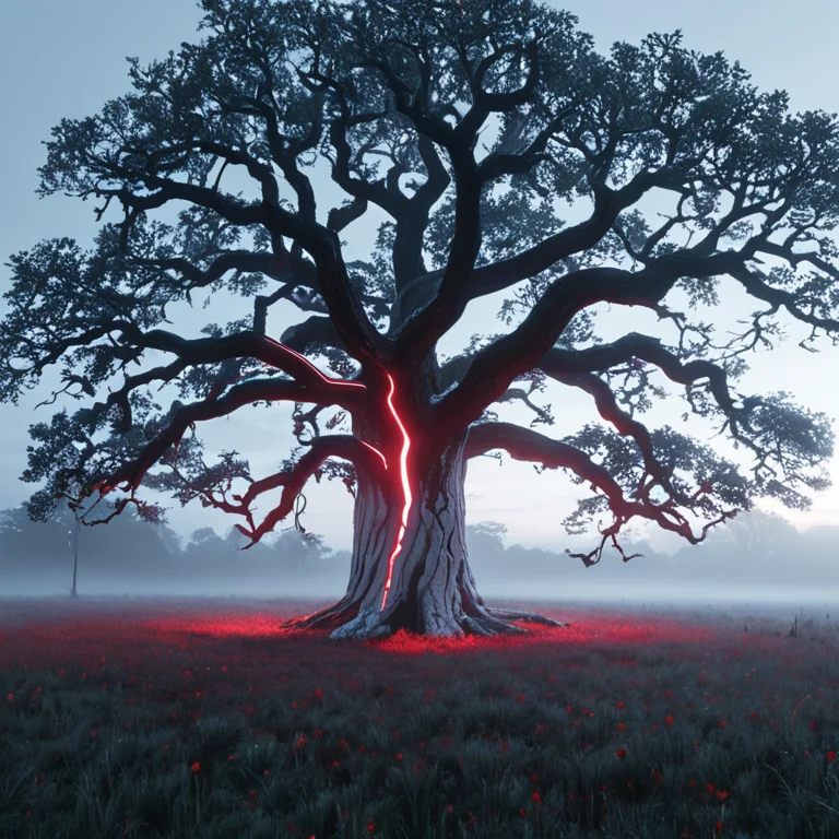 Whiteember, An Ancient Gnarled Oak Tree Alone In A Misty Mea...