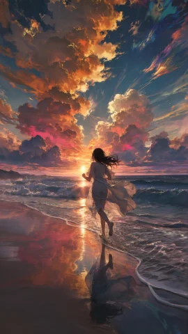 A Lone Young Woman Runs Barefoot Through Shallow Water Acros... — Stable Diffusion AI Prompt: A lone young woman runs barefoot through shallow water across a vast beach at su...