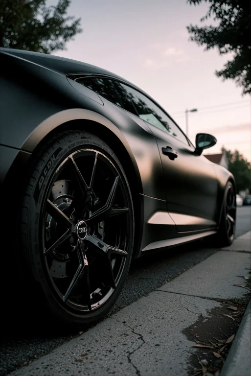 A Matte Black Audi Sports Car Is Captured From A Dramatic Lo...