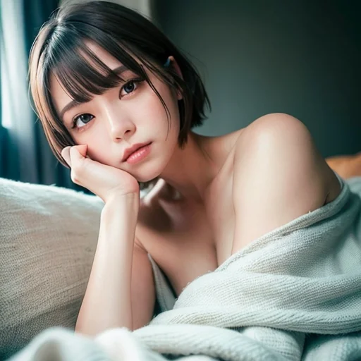 A Girl With Short Brown Hair Laying On The Sofa Covered By B...