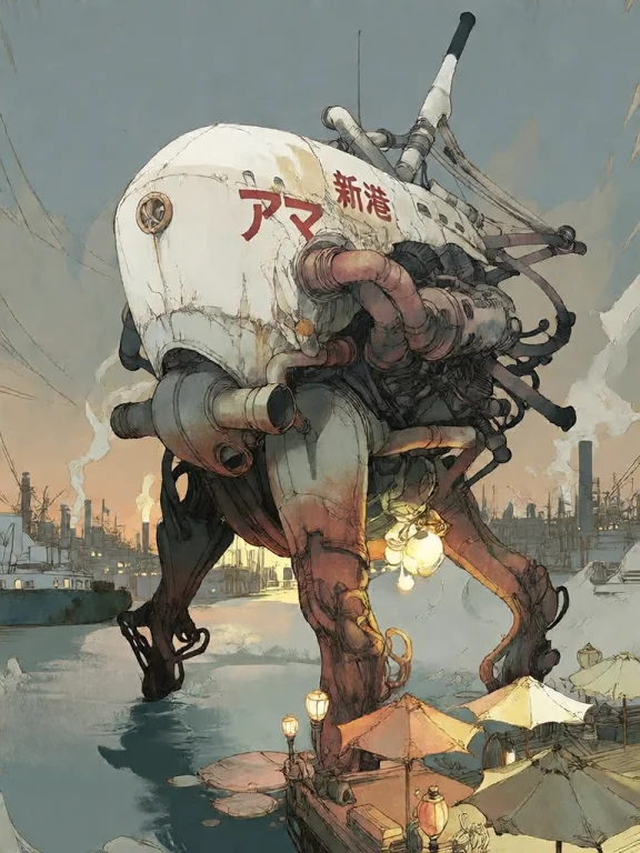 Bradhamel Art Style. A Towering, Weathered Mechanical Vessel...
