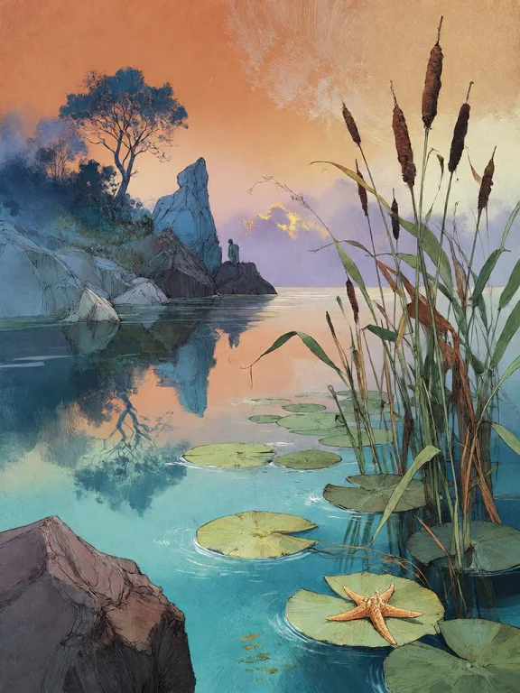 Bradhamel Art Style. A Serene Lakeside At Twilight, With A V...