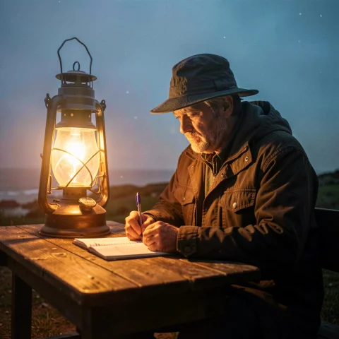 A Lighthouse Keeper Writing By Lamplight, Film Photography,... — Stable Diffusion AI Prompt: a lighthouse keeper writing by lamplight, film photography, dramatic chiaroscuro...