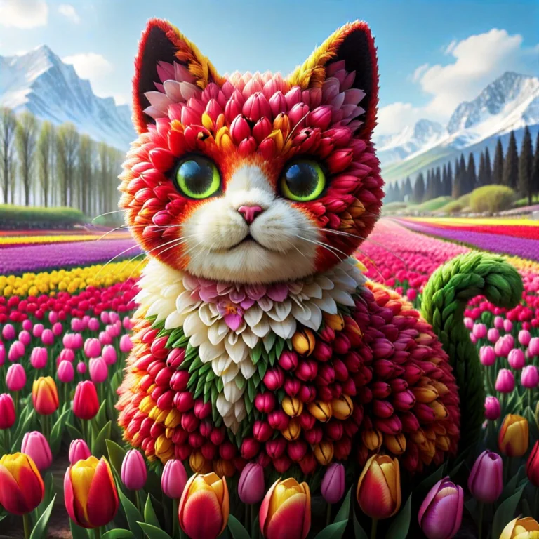 Jaynl-tmm, Detailed, 8k Uhd, High Quality, Cat Made Of Tulip...
