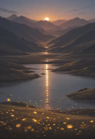 Mountains, Valley Full Of Golden Flower, Golden Flowers, Pla... — Stable Diffusion AI Prompt: mountains, valley full of golden flower, golden flowers, plains of flowers, rive...