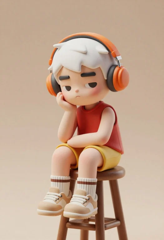 A 3d-rendered Stylized Character Sits Slouched On A Tall Woo...