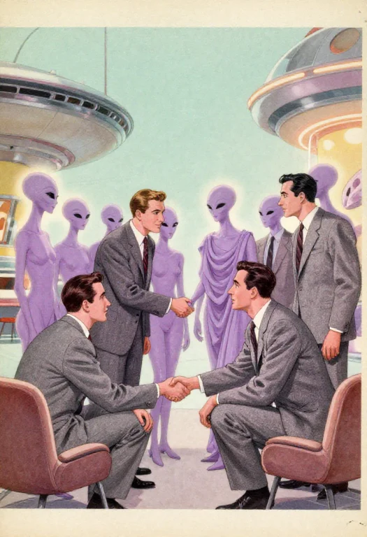 1950s Pulp Art Magazine Layout Spread, Centered Group Shot O...