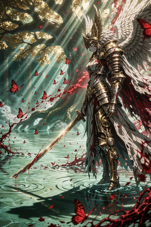 A Tragic And Majestic Anime Wide Shot Of A Feline Valkyrie S...