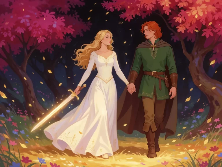 Blonde Woman In White Dress Holding Glowing Sword Walking Wi...