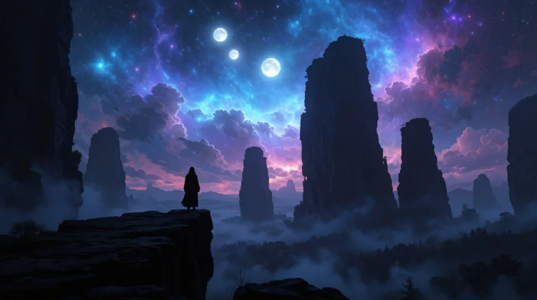A Cloaked Silhouette Stands On A Craggy Precipice Facing A M...