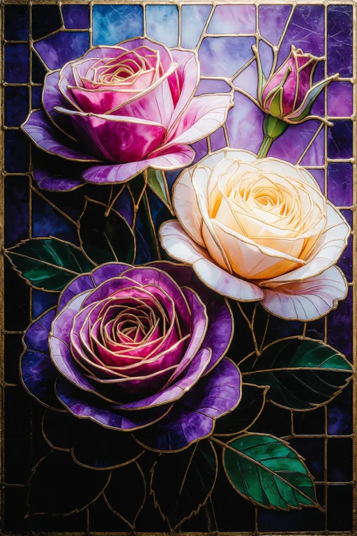 Zidiusart, A Vertical Stained Glass Artwork Featuring Large,...