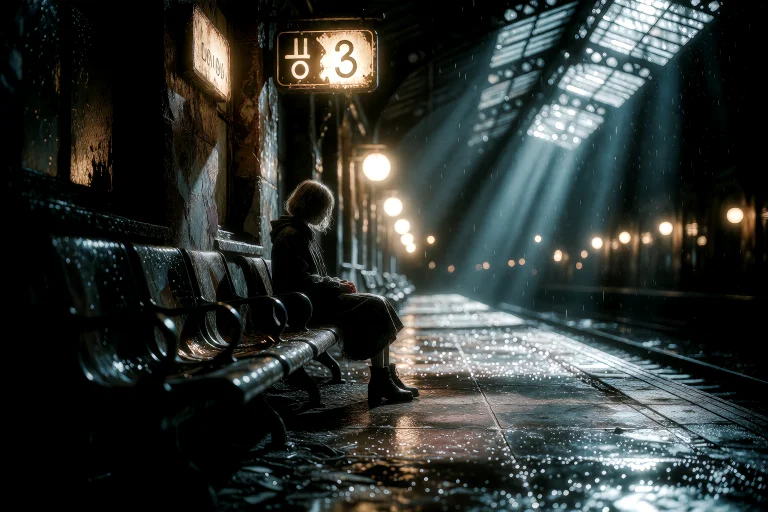 Woman Sits On A Bench In An Empty Abandoned Train Station At...