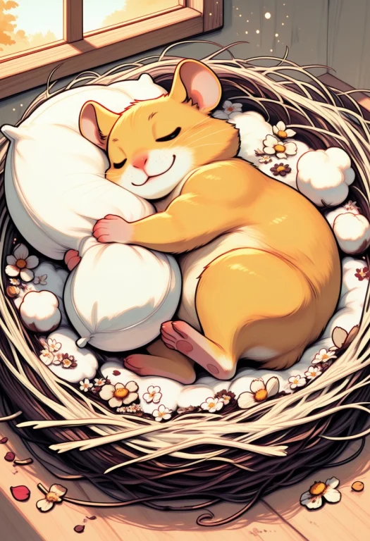 An Adorable Golden Hamster Sleeping Peacefully, Hugging A Hu...
