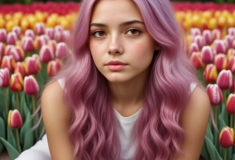 Ainara, A Young Woman With Long Flowing Wavy Lavender Pink H...