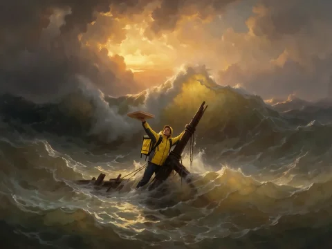 Delivery Man In Yellow Jacket Holding Pizza Box On Raft In S... — Stable Diffusion AI Prompt: 🌊 delivery man in yellow jacket holding pizza box on raft in stormy sea dramati...