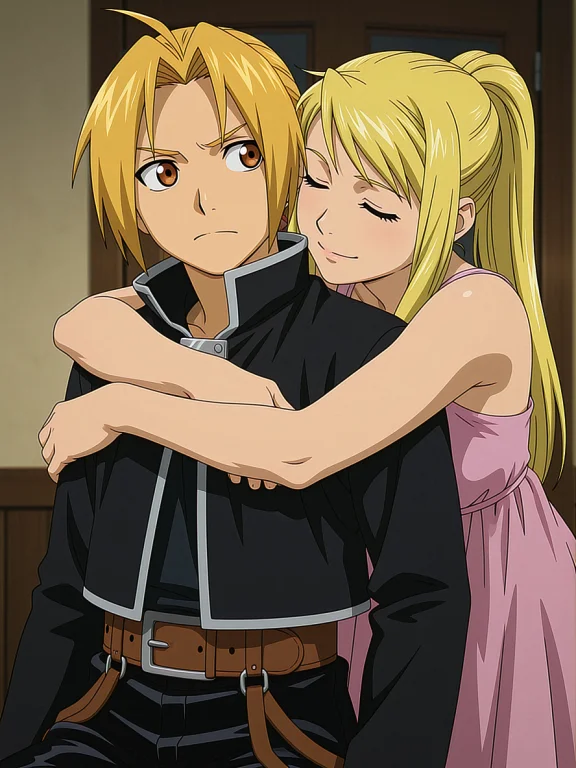 Anime Screencap, Edward Elric Being Hugged From Behind By Wi...