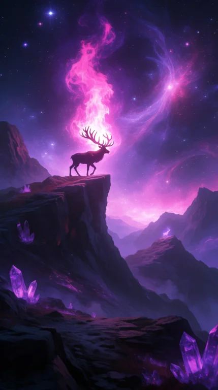 Silhouette Of A Stag On A High Rocky Cliff Edge, Emitting A...