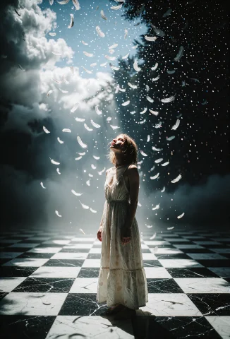 A Wide Interior Shot Of A Young Beautiful Woman Standing Bar... — Stable Diffusion AI Prompt: A wide interior shot of a young beautiful woman standing barefoot on a black-and...