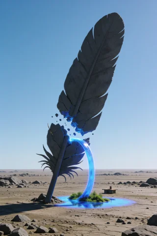 A Colossal Stone Feather Plunged Vertically Into A Cracked,... — Stable Diffusion AI Prompt: A colossal stone feather plunged vertically into a cracked, dry desert earth, hu...