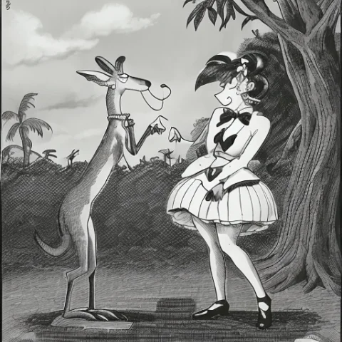 A Cartoon About A Kangaroo Tap Dancing Lorathefarside0.8, By... — Stable Diffusion AI Prompt: a cartoon about a kangaroo tap dancing , by gary larson, monochrome, black and w...