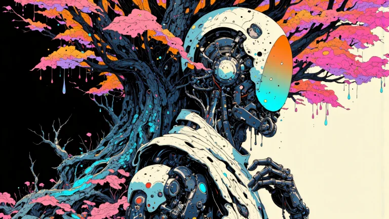 A Hyper-detailed, Biomechanical Cyborg Leans Against A Colos...
