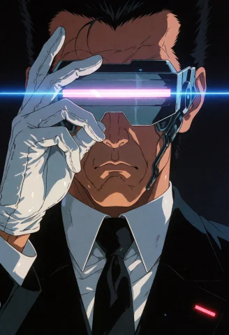 Retrocyberpunk, Retro, Retro Artstyle, A Stern Man In A Blac... — Stable Diffusion AI Prompt: retro_cyberpunk, retro, retro artstyle, A stern man in a black suit and tie adju...