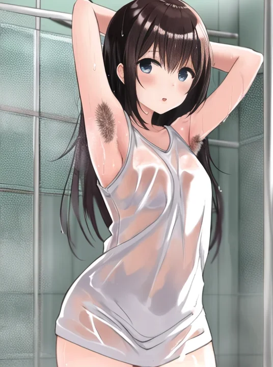 Beautifull Woman In Wooden Bathroom, Stand Under Shower, Wet...