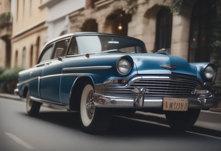 A Denim Look Leaning Against A Vintage Car, Cinematic Photog...