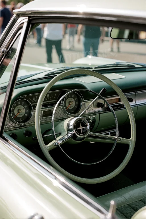 Interior View Of A Vintage Light Green Car, Focusing On The...