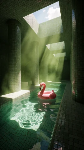 Dcl1m1nal. Wide Eye-level Shot Of A Tiled Indoor Pool Corrid... — Stable Diffusion AI Prompt: DCL1M1NAL. Wide eye-level shot of a tiled indoor pool corridor with large cylind...