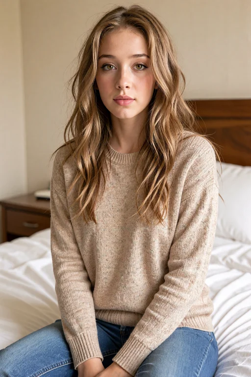 Lani Sits On A Bed In A Beige Sweater And Jeans. Long Wavy L...