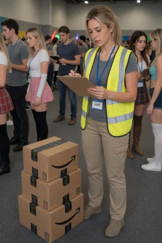 Lilahlora, Standing In A Convention Centre Next To A Small S... — Stable Diffusion AI Prompt: lilahlora, standing in a convention centre next to a small stack of 3 amazon box...
