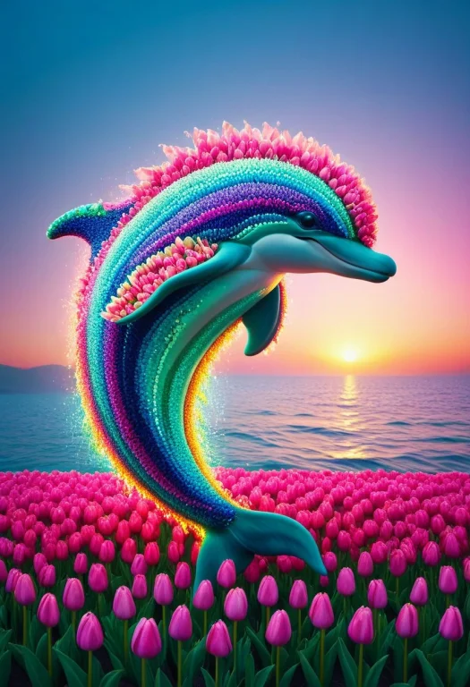 Jaynl-tm, A Dolphin Made Of Tulips, Layered Blue Pink And Pu...