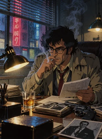 Lorakrea80anime1an Adult Male Detective With Messy Black Hai... — Stable Diffusion AI Prompt: An adult male detective with messy black hair and a beige trench coat smoking a...