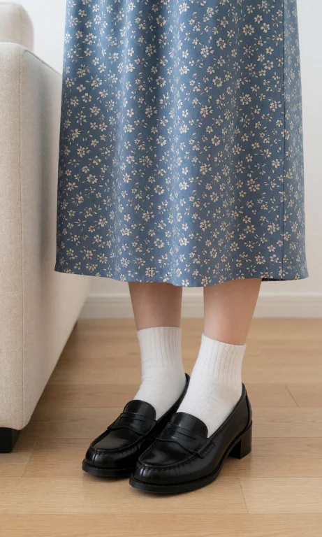 A Person Standing In A Blue Floral-patterned Midi Skirt And...