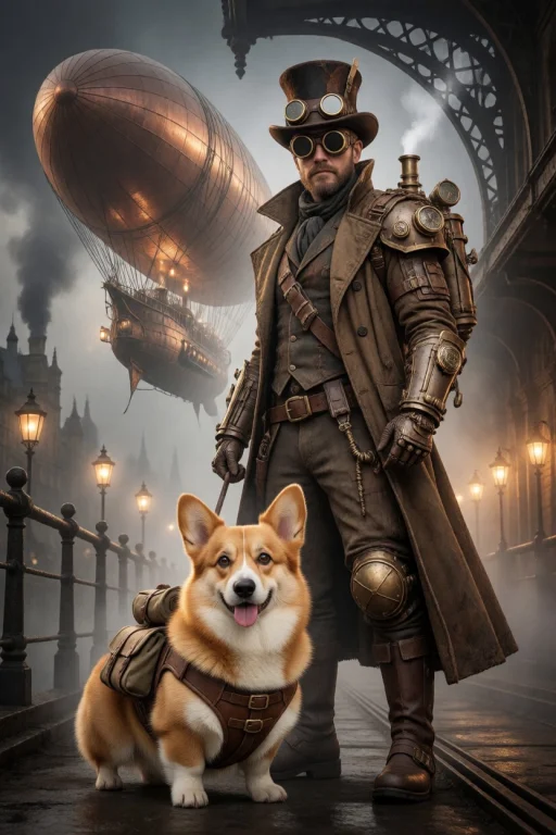 A Cinematic, Full-body Shot Of A Rugged Steampunk Adventurer...