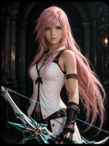 Photograph Serah Farron, Final Fantasy Xiii-2, Long Pink Hai... — Stable Diffusion AI Prompt: photograph (Serah Farron, Final Fantasy XIII-2), long pink hair, green eyes, bow...