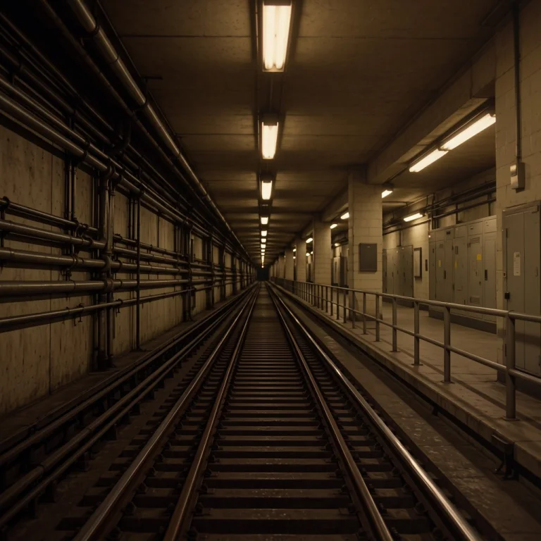 Photograph Of A Dimly Lit Underground Subway Or Train Tunnel...