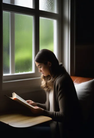 A Woman Reading On A Rainy Window Seat, Photorealistic, Soft... — SDXL AI Prompt: a woman reading on a rainy window seat, photorealistic, soft diffused light, sha...