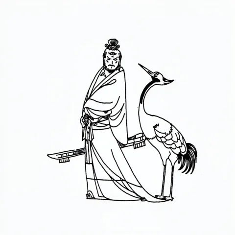 Umaourbaimiaostyle, A Robed Swordsman Standing Beside A Cran... — Stable Diffusion AI Prompt: umaour_baimiao_style, a robed swordsman standing beside a crane, full-body view.