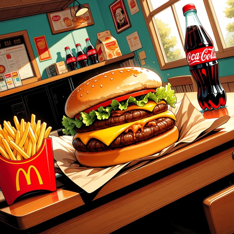 Mcdonald Hamburguer, Fries, Coca-cola Bottle On Desk, By Day...