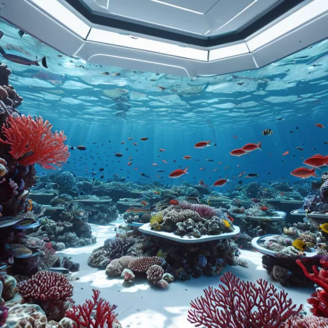 Whiteember, A Vibrant Coral Reef Teeming With Fish In Sunlit... — SDXL AI Prompt: WhiteEmber, a vibrant coral reef teeming with fish in sunlit shallow water, wide...
