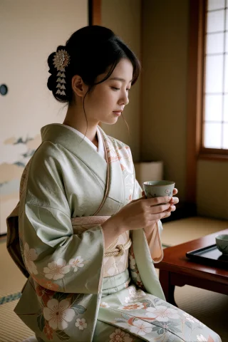 A Young Japanese Woman With An Elegant Upswept Hairstyle Ado... — Stable Diffusion AI Prompt: A young Japanese woman with an elegant upswept hairstyle adorned with a delicate...