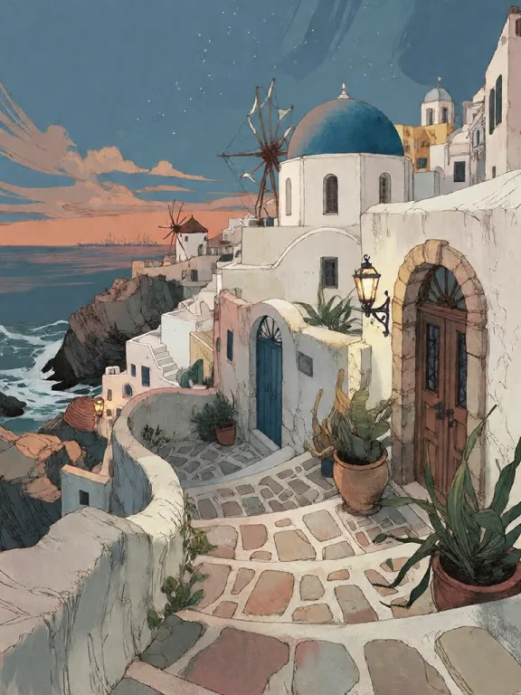 Bradhamel Art Style. A Picturesque Coastal Village Scene Ren...