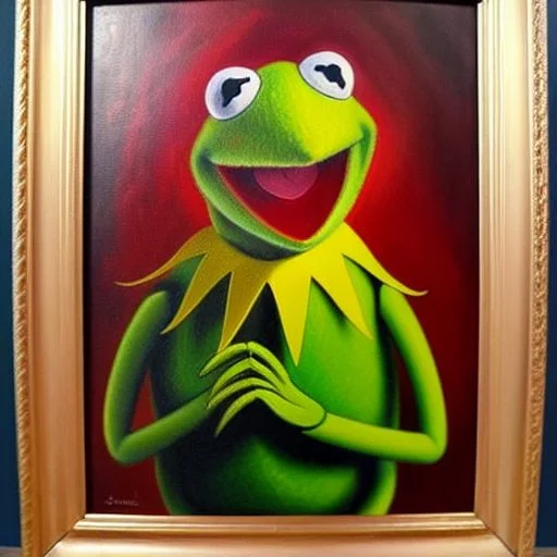 Asciian Oil Painting Of Kermit The Frog Muppet In Flemish Ba...
